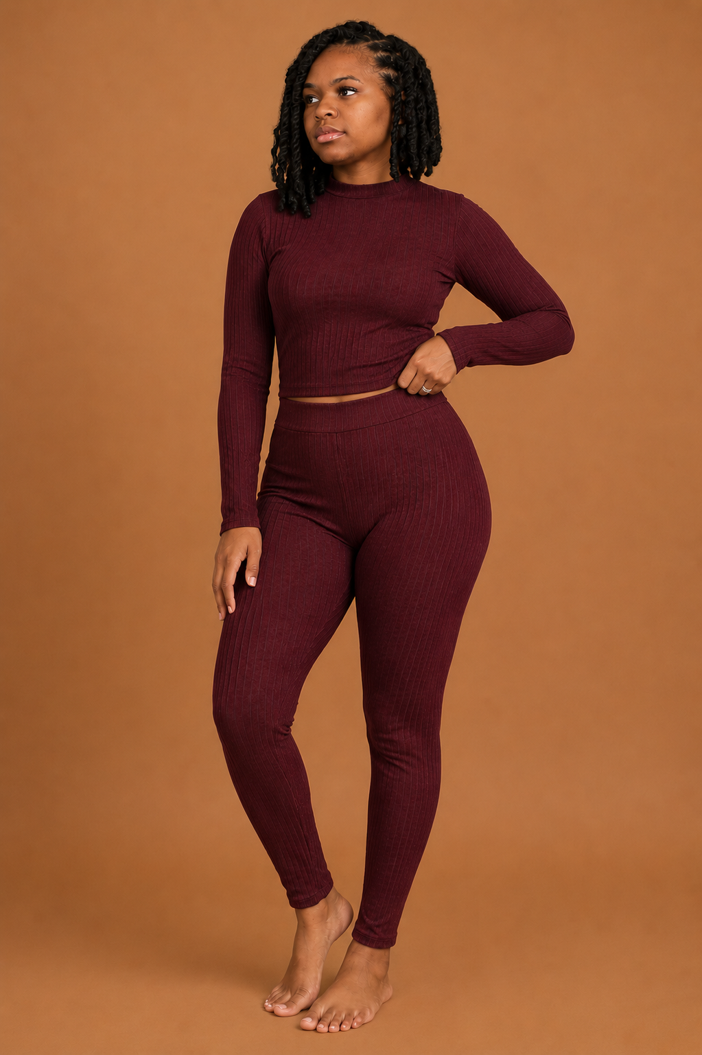 Ribbed Mock Neck Legging Set - Burgundy