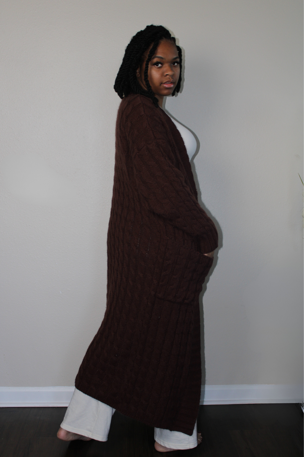 dark brown medium weight long cable knit  cardigan with pockets