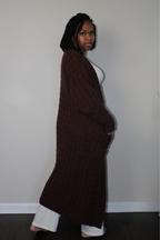 dark brown medium weight long cable knit  cardigan with pockets