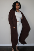 dark brown medium weight long cable knit  cardigan with pockets