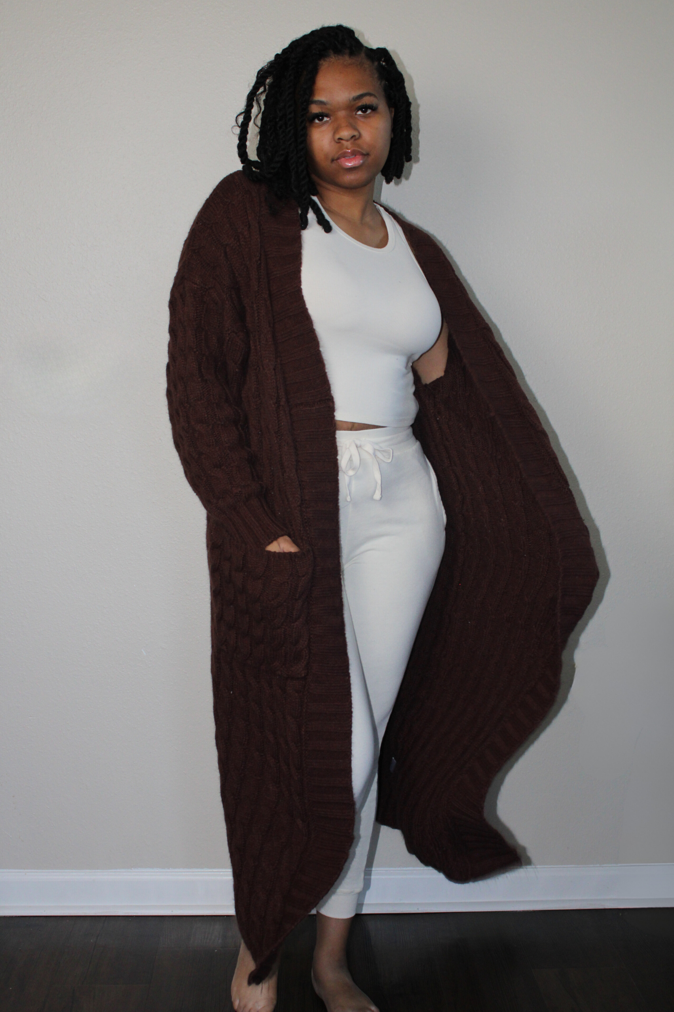 dark brown medium weight long cable knit  cardigan with pockets