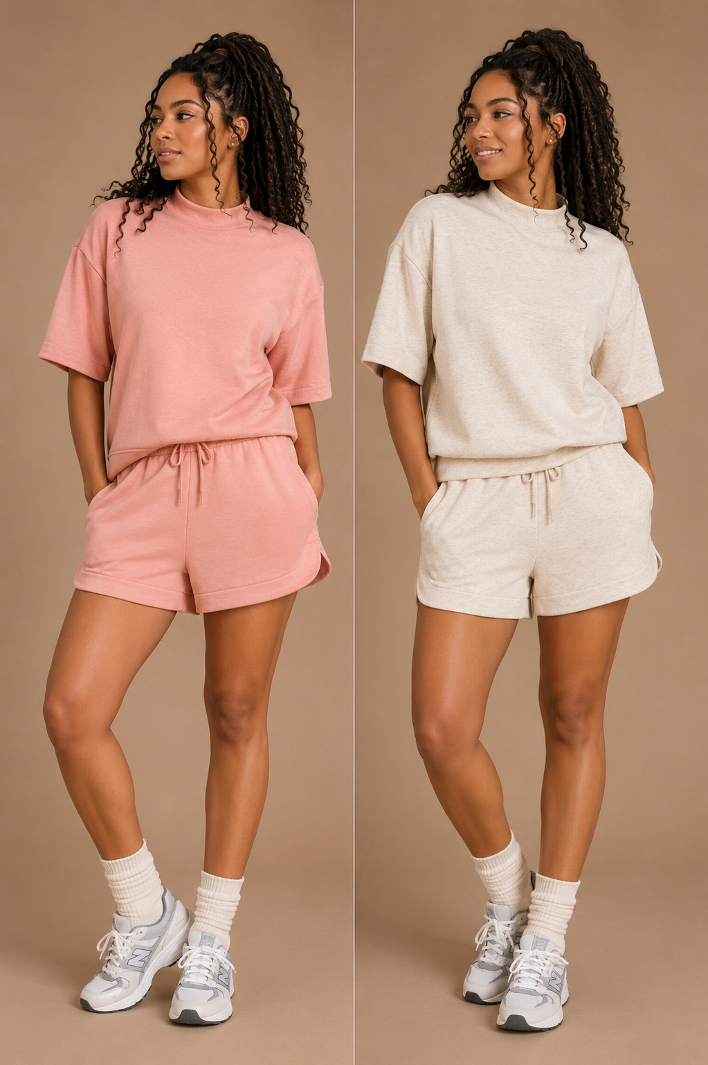 woman wearing matching pink and beige outfits on a brown background