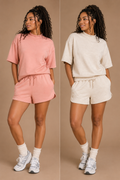 woman wearing matching pink and beige outfits on a brown background
