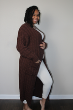 dark brown medium weight long cable knit  cardigan with pockets