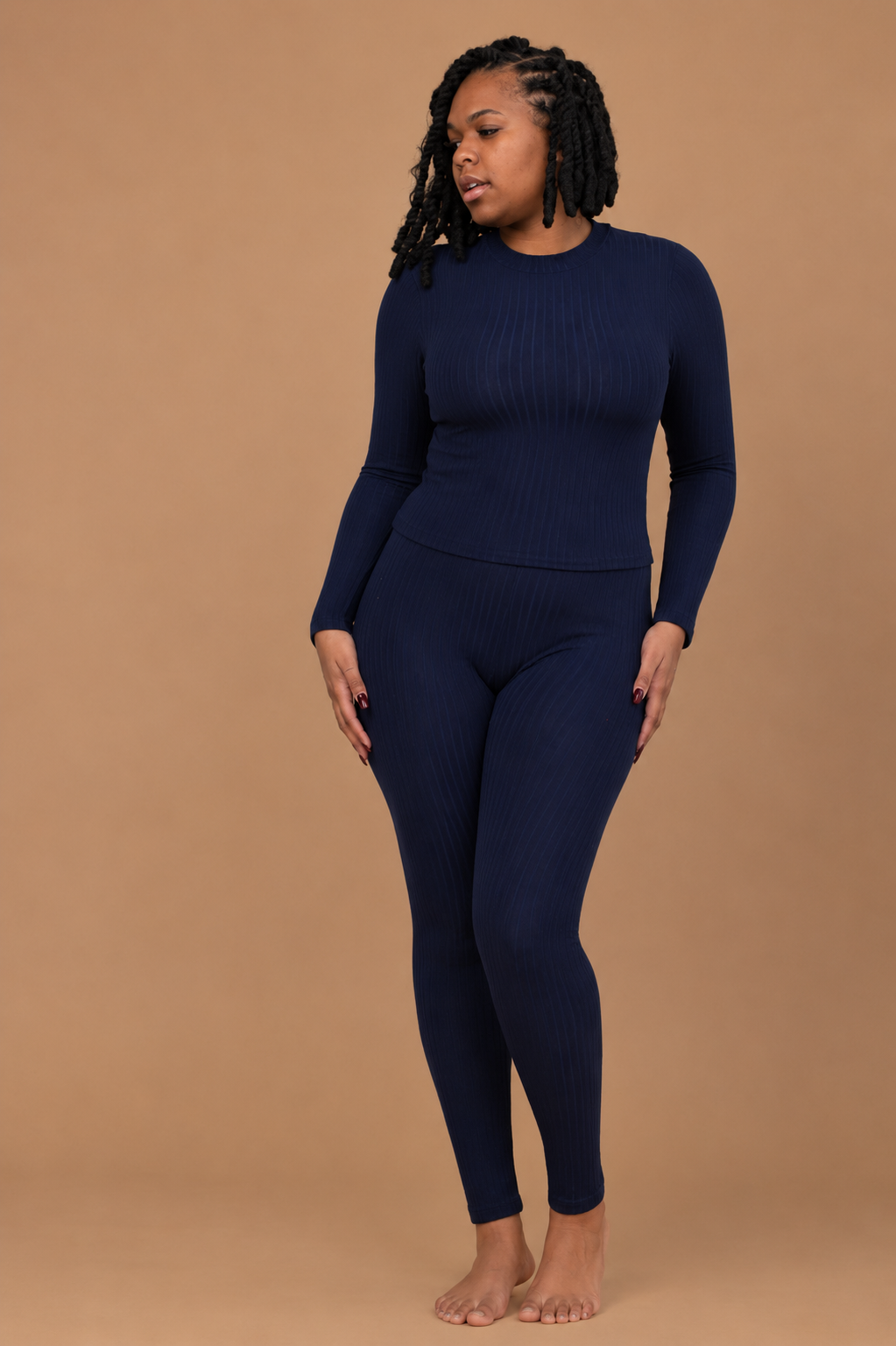 Ribbed Mock Neck Legging Set - Navy