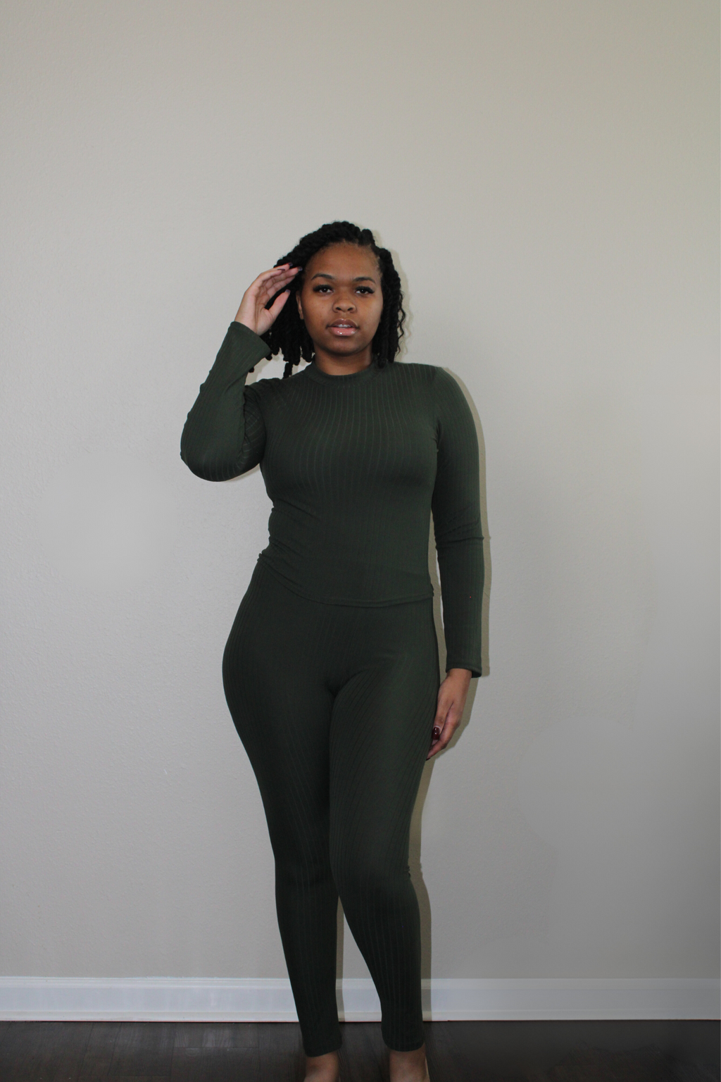 olive ribbed mock neck legging set 