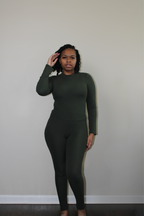 olive ribbed mock neck legging set 