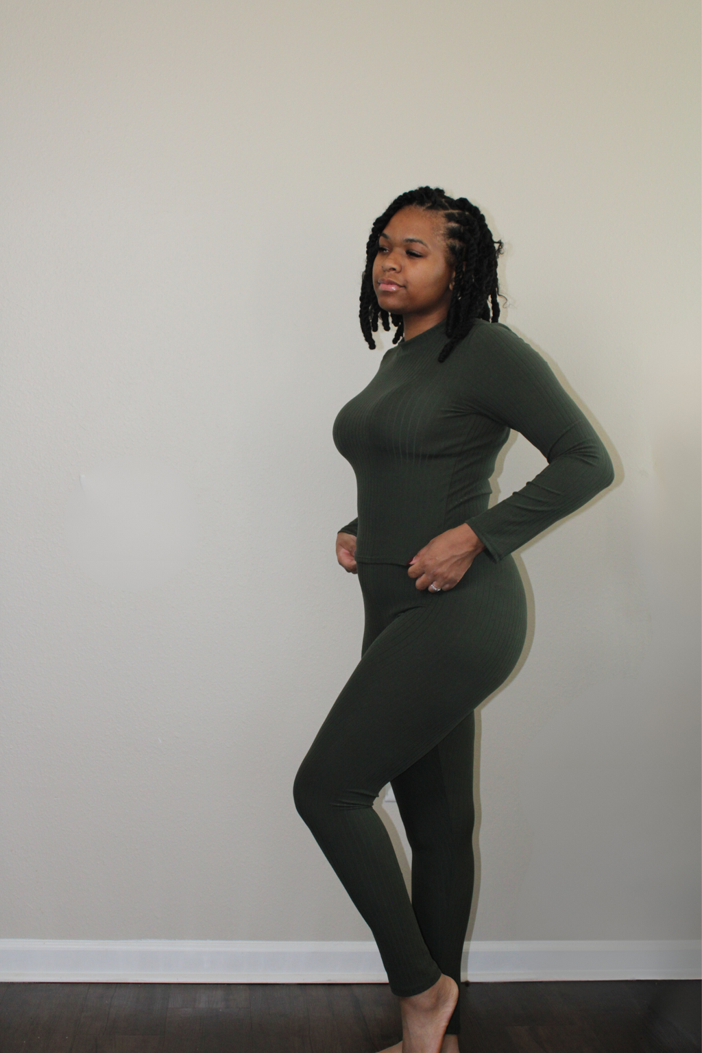 olive ribbed mock neck legging set 