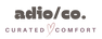Logo of adio/co. with 'Curated Comfort' text on a transparent background