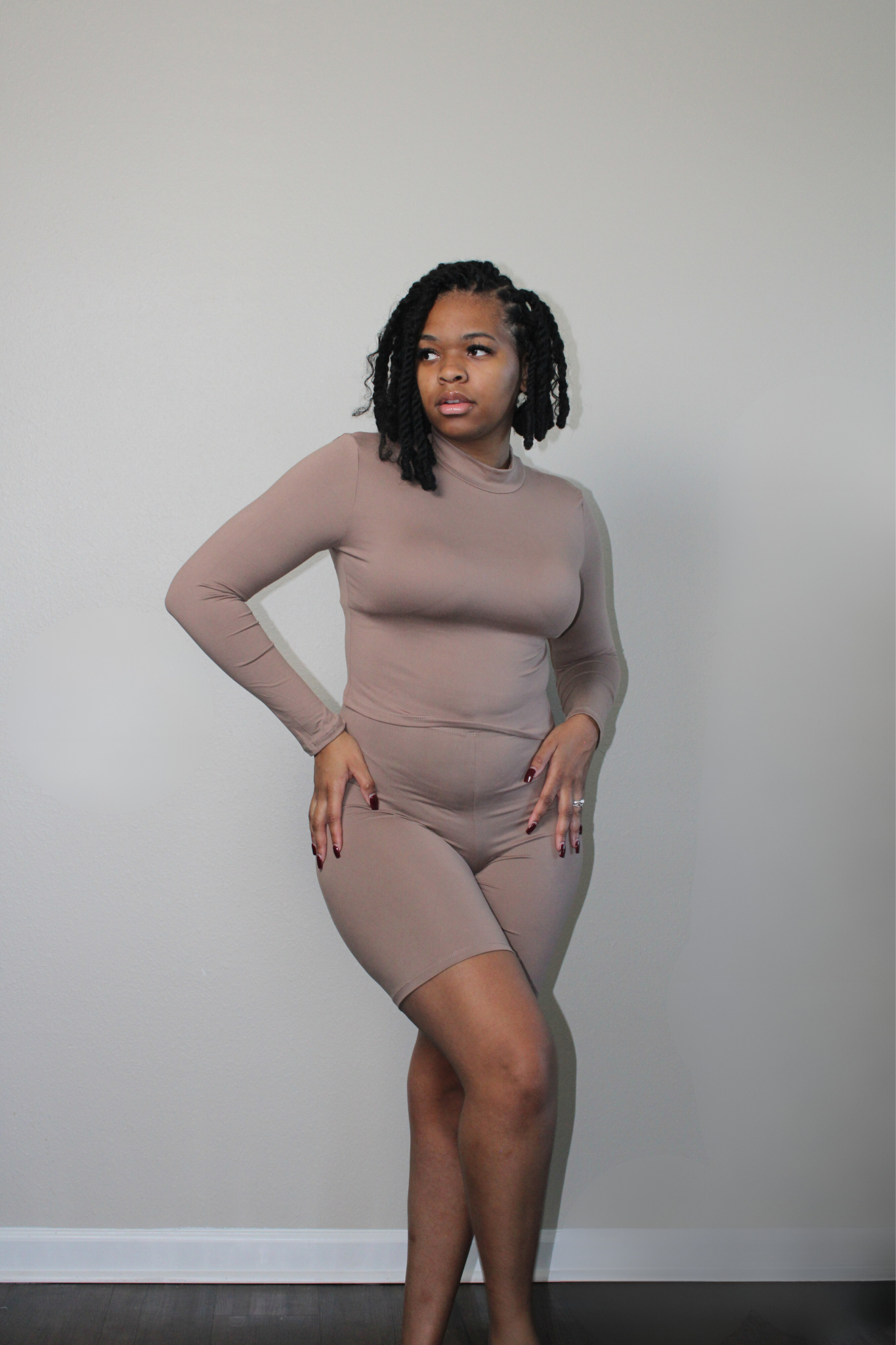 taupe long sleeve mock neck biker set